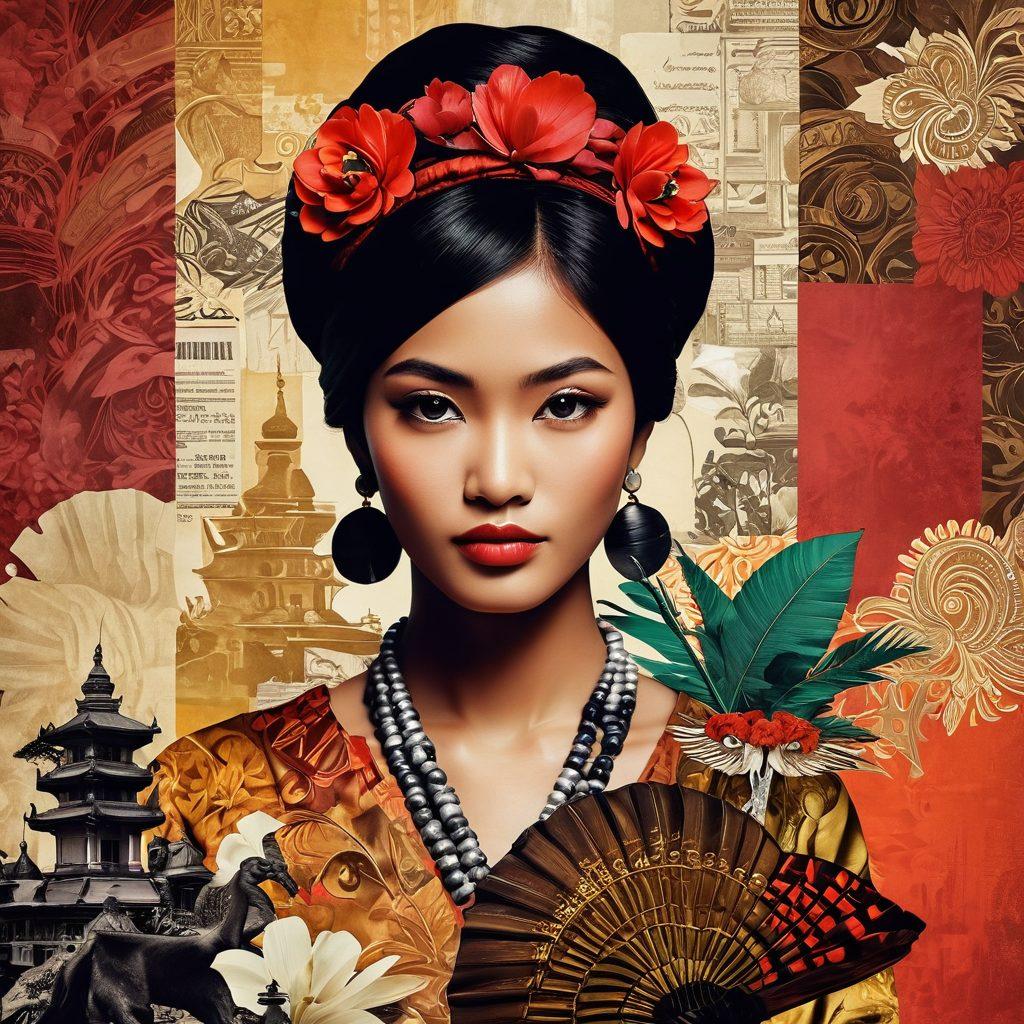 A visually captivating collage capturing the essence of Indonesian adult media with subtle symbolism. Include iconic elements representing themes of desire, culture, and society, intertwined with artistic representations of freedom and expression. Use warm and inviting colors to convey allure, set against a textured backdrop that hints at traditional Indonesian art styles. Aim for a harmonious blend of modernity and tradition in a sophisticated manner. vibrant colors. collage art. 3D effect.