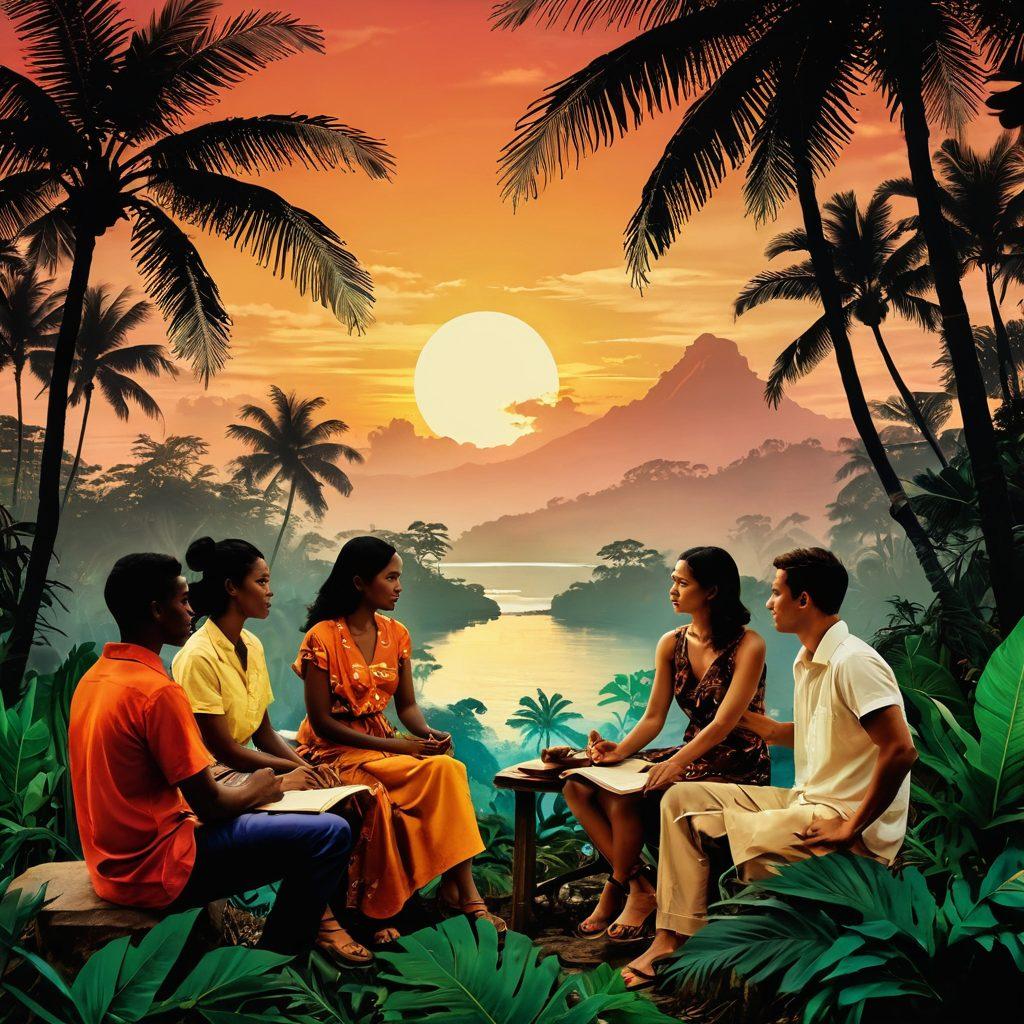 A captivating collage featuring silhouettes of diverse young adults in engaging discussions, set against a backdrop of tropical Indonesian landscapes. Incorporate subtle hints of traditional Balinese art and modern digital elements to represent the fusion of culture and contemporary adult content. Emphasize the theme of exploration and insights with a warm color palette. artistic blend. vibrant colors. super-realistic.