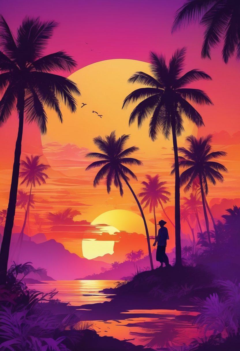 A colorful collage of traditional Indonesian motifs interwoven with modern elements symbolizing adult entertainment, featuring tropical elements like palm trees and vibrant sunsets. Include silhouettes of diverse people enjoying life together in a tasteful manner to represent inclusivity and fun. The background should have a soft gradient transitioning from orange to purple, evoking a lively atmosphere. super-realistic. vibrant colors.
